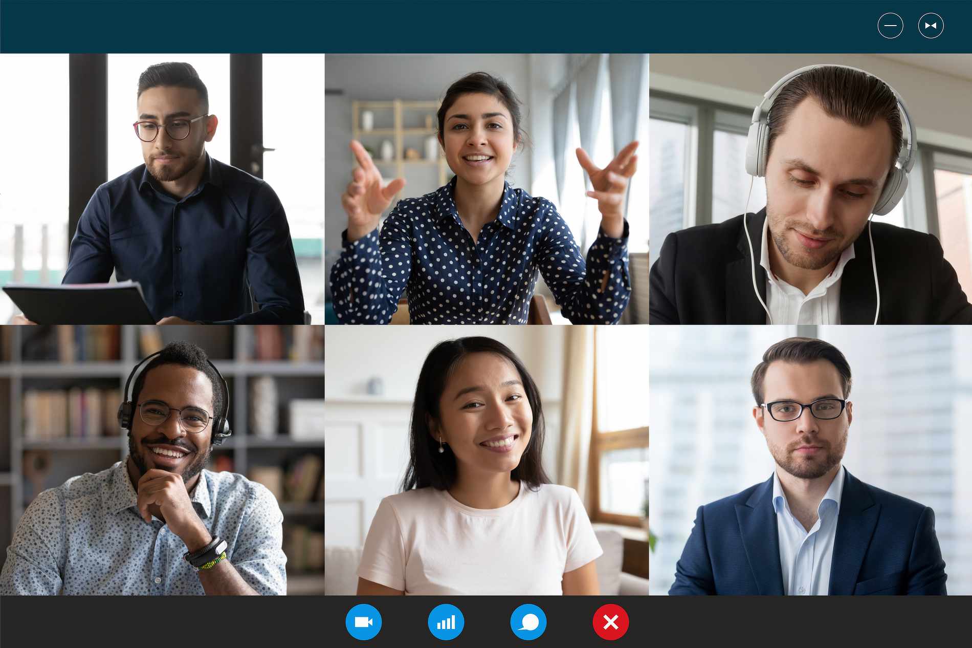 A video conference screen with six participants. The top row includes a man in glasses reading from a tablet, a woman with dark hair smiling and gesturing enthusiastically, and a man wearing headphones concentrating. The bottom row features a smiling man with headphones and glasses, a woman smiling warmly, and a man in glasses and a suit looking serious. The background includes various indoor settings with bookshelves and windows visible.