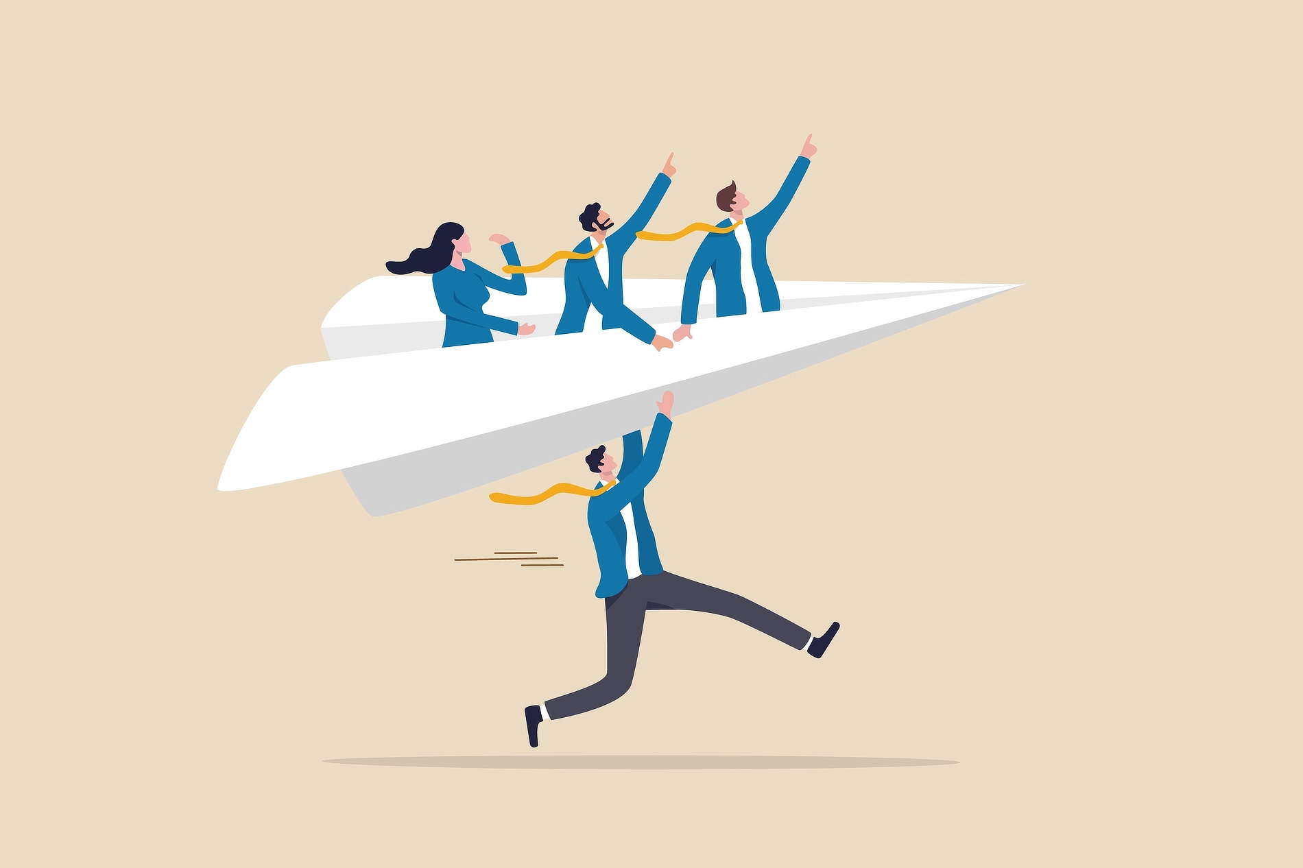 Illustration of businesspeople flying on a paper airplane, symbolizing teamwork and leadership.