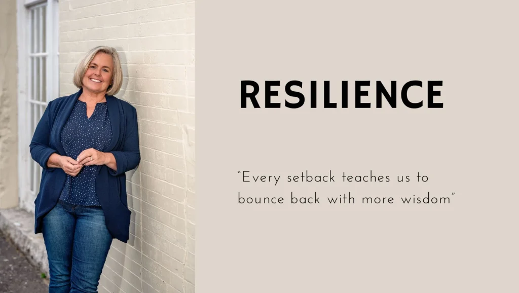 Cecilia Dahl wearing a navy blazer and jeans, leans casually against a cream brick wall. The adjacent text reads "Resilience" in bold, with the quote, "Every setback teaches us to bounce back with more wisdom," written below.