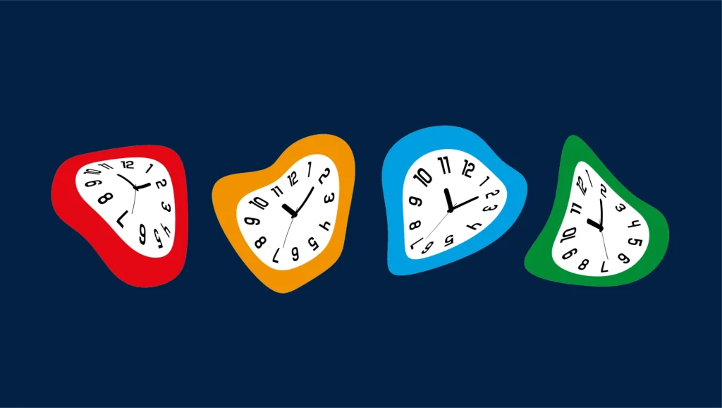 Four distorted clocks in red, orange, blue, and green, each showing a different time—symbolizing the challenge of managing across time zones