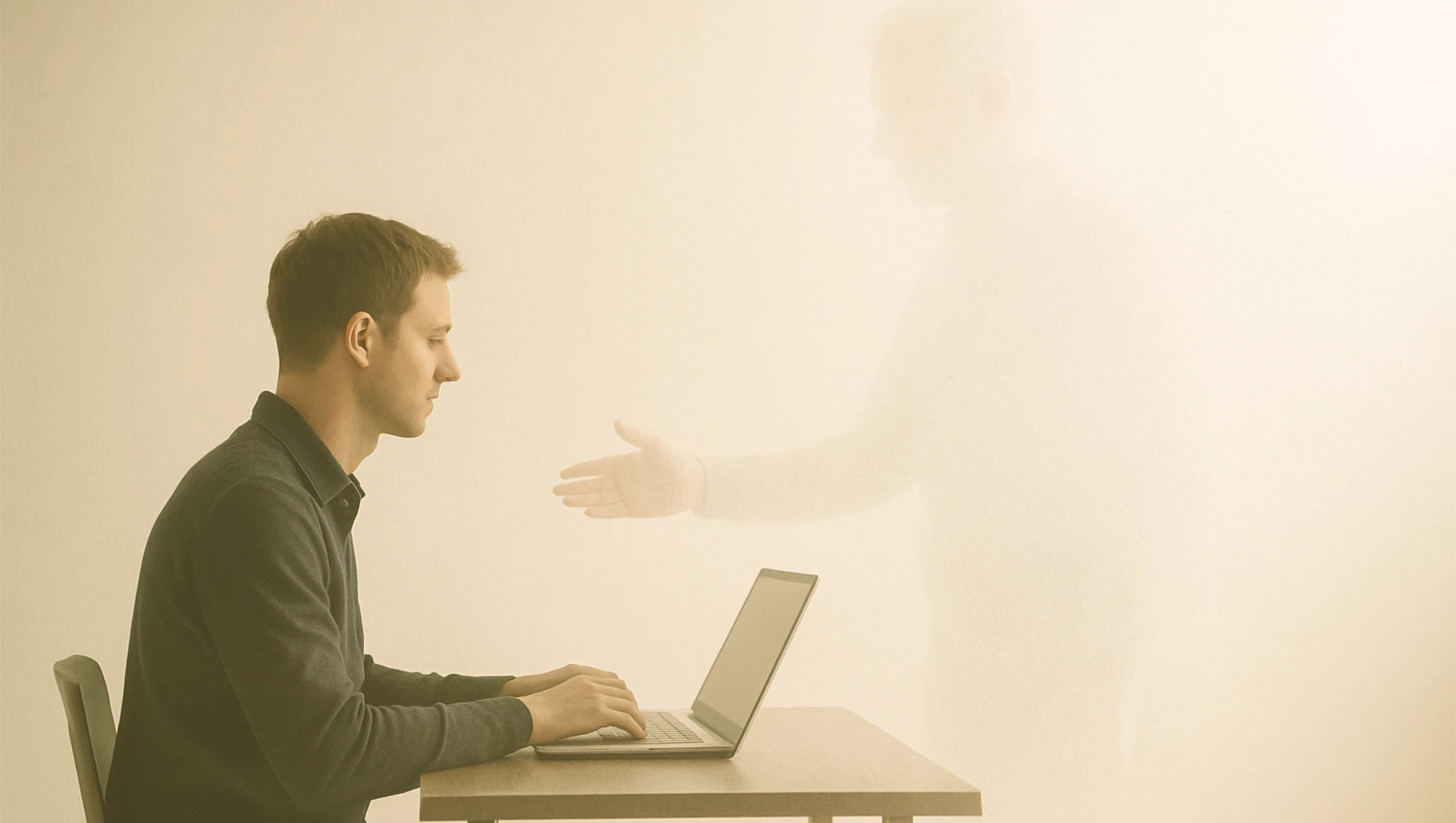A remote worker typing at a laptop while a faded, ghostlike figure reaches out for a handshake, symbolizing missing mentorship.